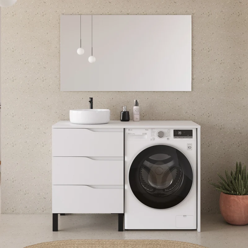 Meuble lave linge 124cm avec plateau et vasque ronde - 3 tiroirs - SANTA