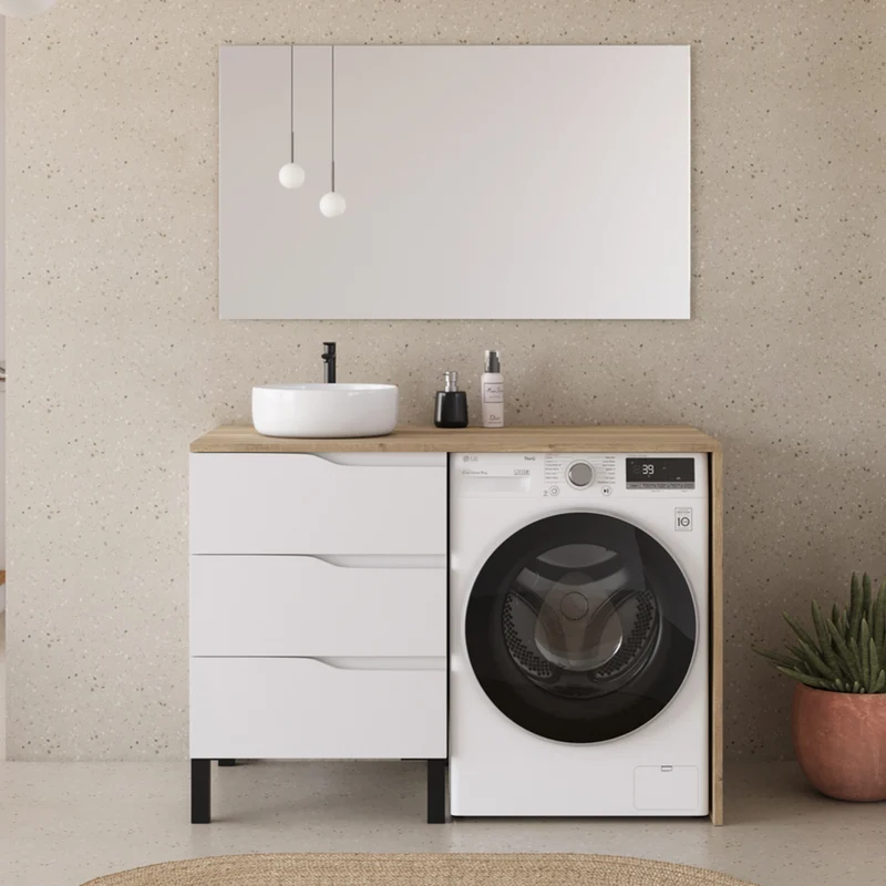 Meuble lave linge 124cm avec plateau et vasque ronde - 3 tiroirs - SANTA