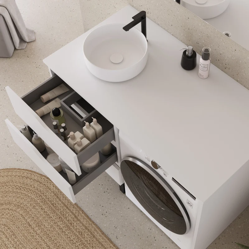 Meuble lave linge 124cm avec plateau et vasque ronde - 3 tiroirs - SANTA