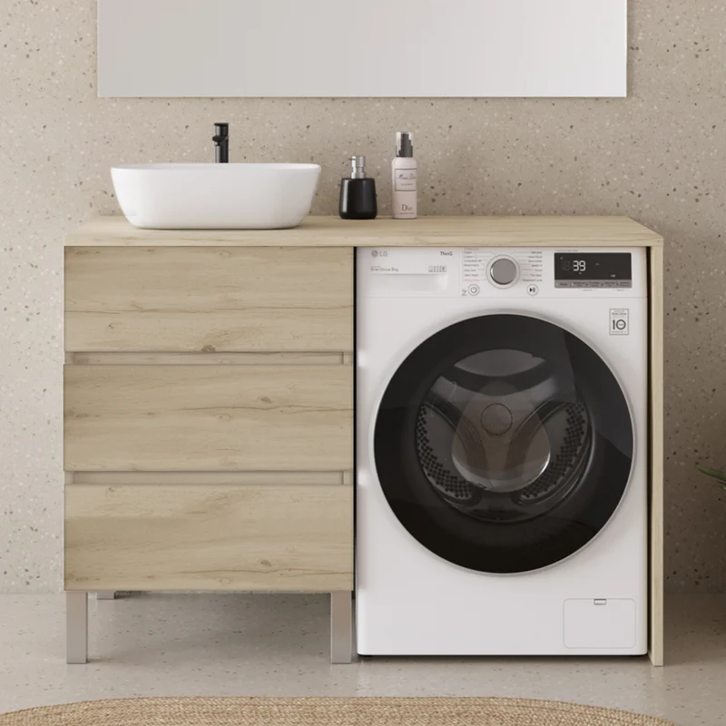 Meuble lave linge 124cm avec plateau et vasque arrondie - 3 tiroirs - CRUZ