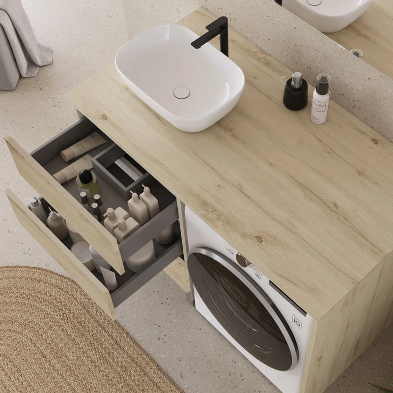 Meuble lave linge 124cm avec plateau et vasque arrondie - 3 tiroirs - CRUZ