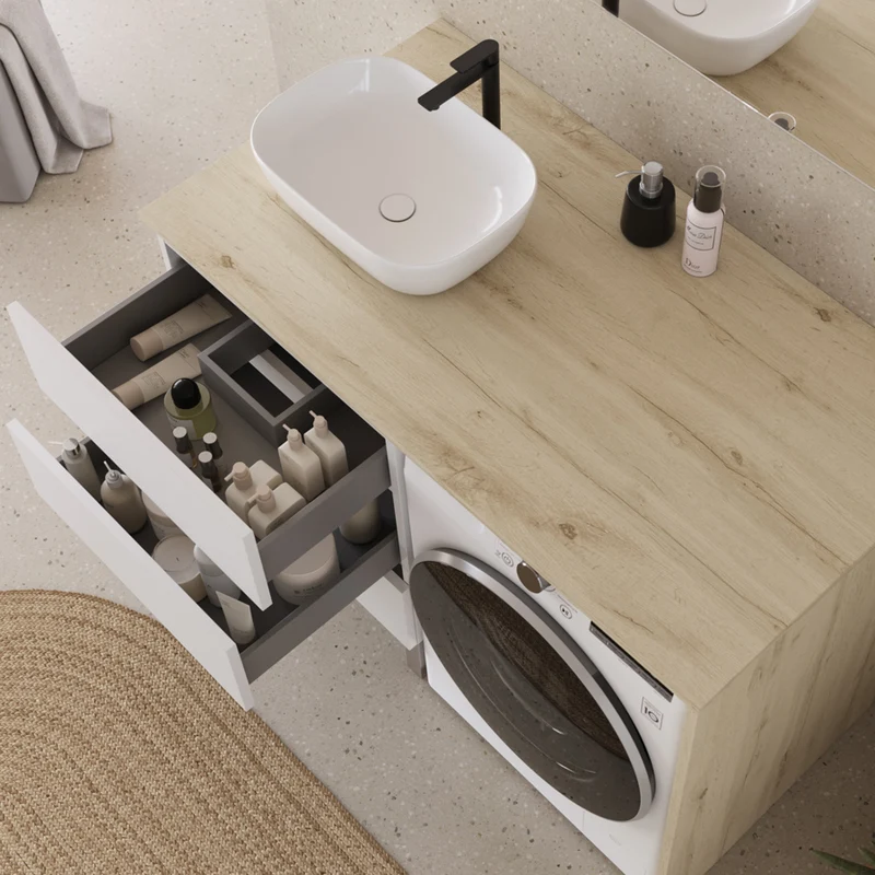 Meuble lave linge 124cm avec plateau et vasque arrondie - 3 tiroirs - CRUZ