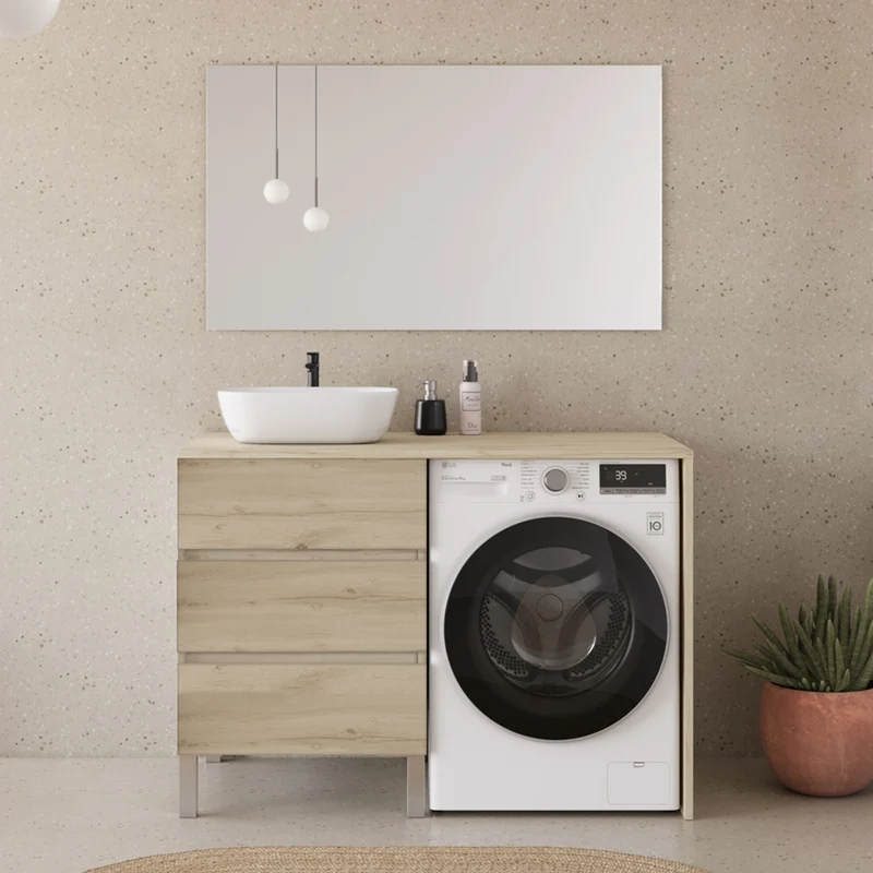 Meuble lave linge 124cm avec plateau et vasque arrondie - 3 tiroirs - CRUZ