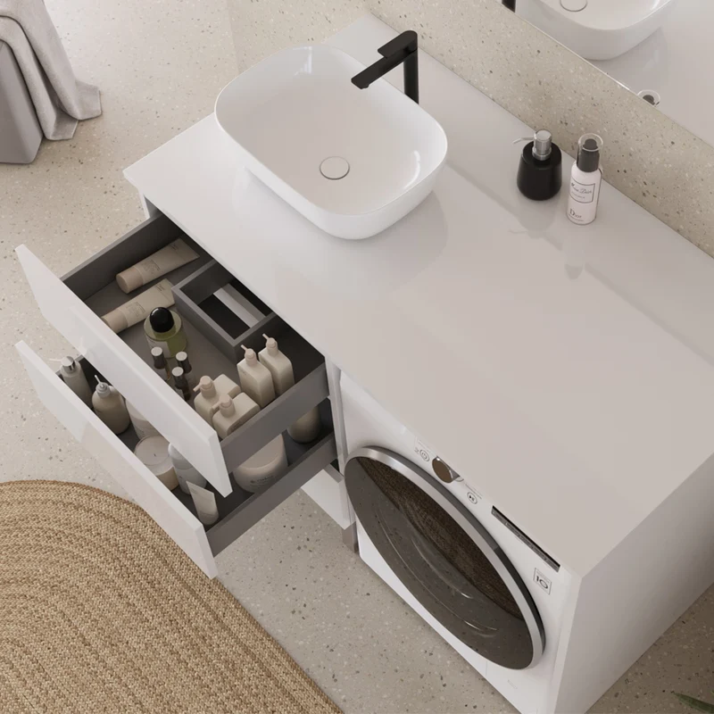 Meuble lave linge 124cm avec plateau et vasque arrondie - 3 tiroirs - CRUZ