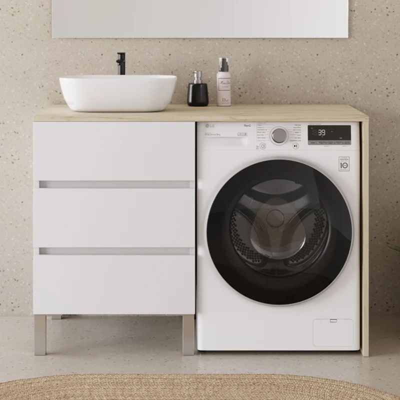 Meuble lave linge 124cm avec plateau et vasque arrondie - 3 tiroirs - CRUZ