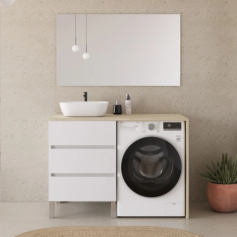 Meuble lave linge 124cm avec plateau et vasque arrondie - 3 tiroirs - CRUZ