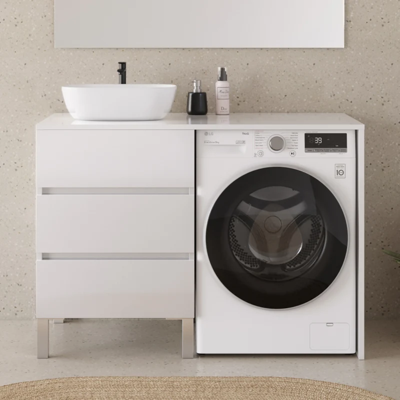Meuble lave linge 124cm avec plateau et vasque arrondie - 3 tiroirs - CRUZ