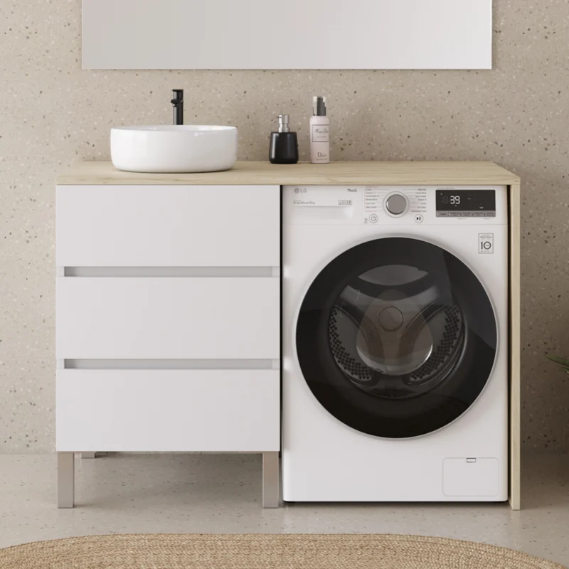 Meuble lave linge 124cm avec plateau et vasque ronde - 3 tiroirs - CRUZ