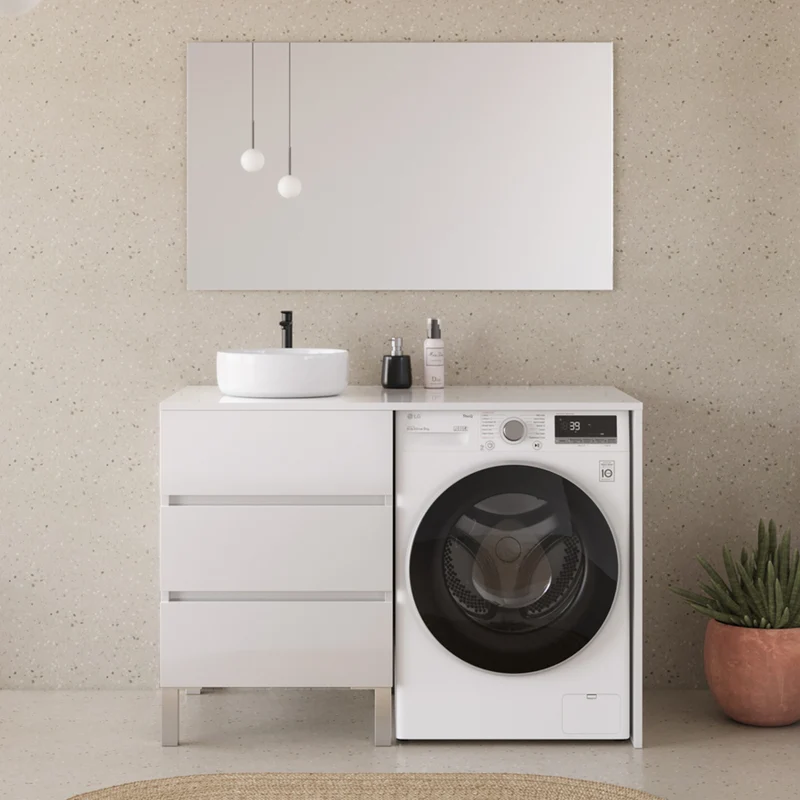 Meuble lave linge 124cm avec plateau et vasque ronde - 3 tiroirs - CRUZ