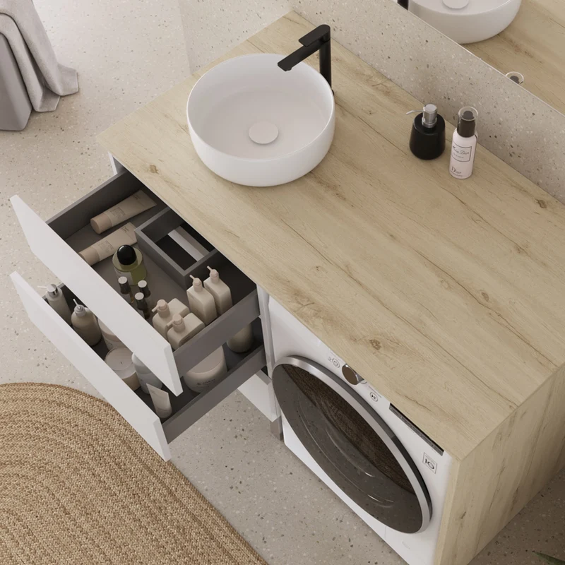 Meuble lave linge 124cm avec plateau et vasque ronde - 3 tiroirs - CRUZ
