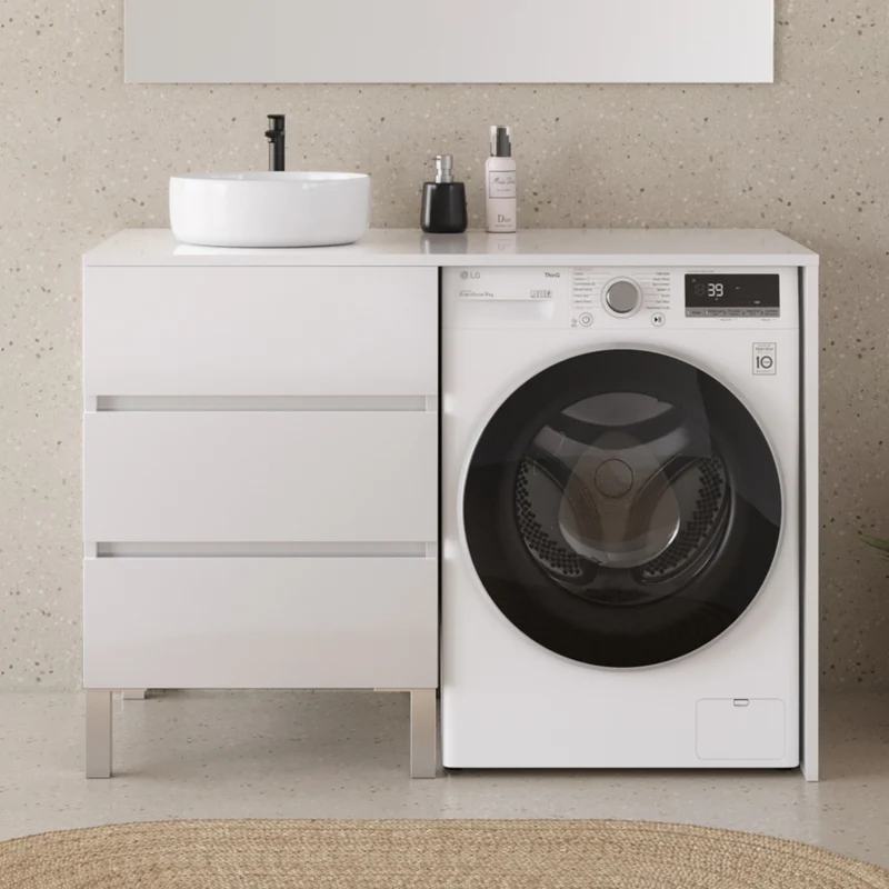 Meuble lave linge 124cm avec plateau et vasque ronde - 3 tiroirs - CRUZ