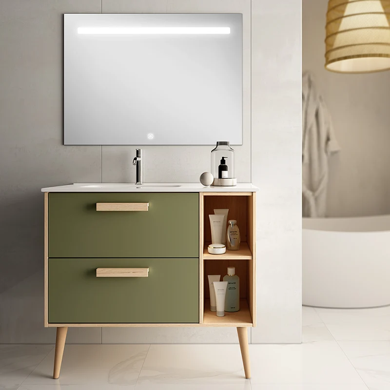 Meuble de salle de bain 80cm vasque déportée - 2 tiroirs - MALIA et miroir Led STAM