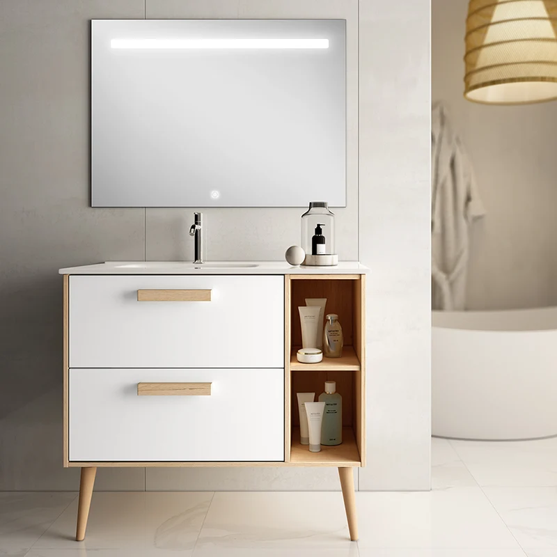 Meuble de salle de bain 80cm vasque déportée - 2 tiroirs - MALIA et miroir Led STAM