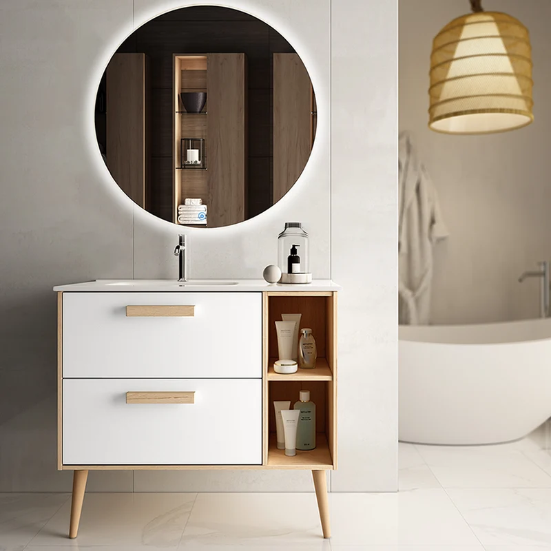 Meuble de salle de bain 80cm vasque déportée - 2 tiroirs - MALIA et miroir rond Led SOLEN