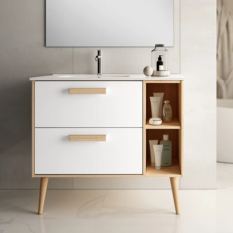 Meuble de salle de bain 80cm vasque déportée - 2 tiroirs - sans miroir - MALIA