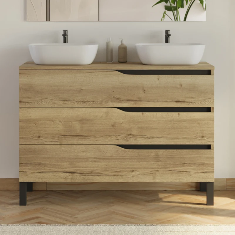 Meuble de salle de bain 120cm avec plateau et 2 vasques à poser Zeus - 3 tiroirs - MATA