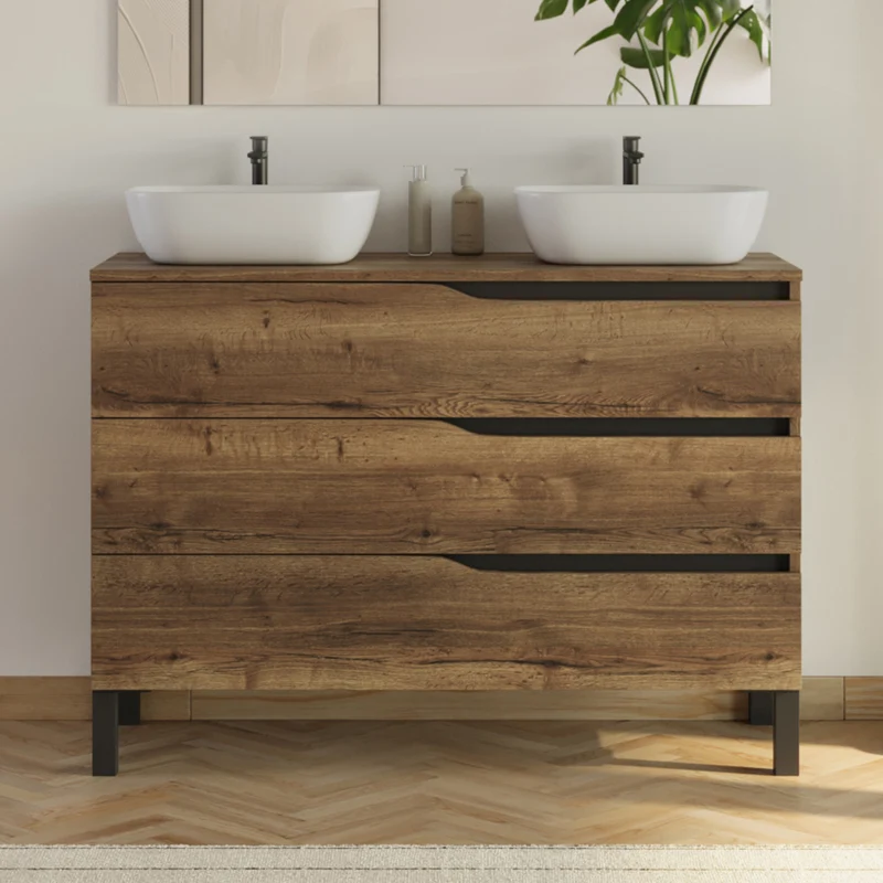 Meuble de salle de bain 120cm avec plateau et 2 vasques à poser Zeus - 3 tiroirs - MATA