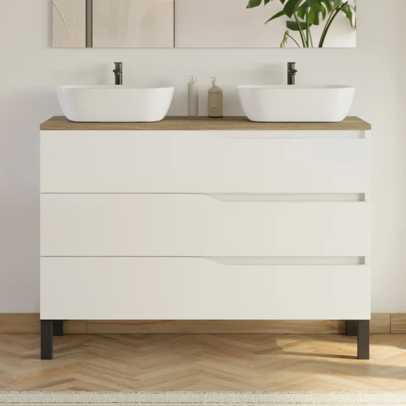 Meuble de salle de bain 120cm avec plateau et 2 vasques à poser Zeus - 3 tiroirs - MATA