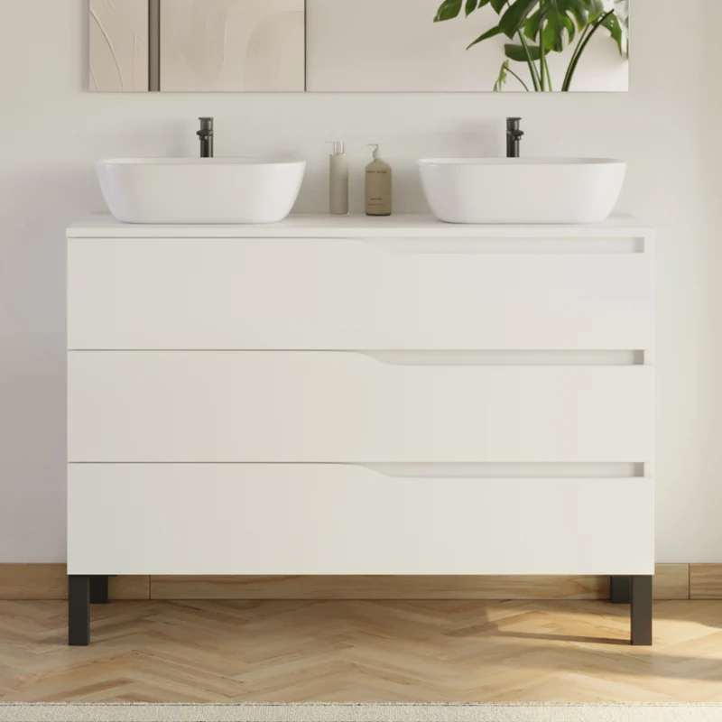Meuble de salle de bain 120cm avec plateau et 2 vasques à poser Zeus - 3 tiroirs - MATA