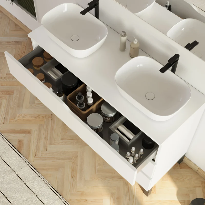 Meuble de salle de bain 120cm avec plateau et 2 vasques à poser Zeus - 3 tiroirs - MATA