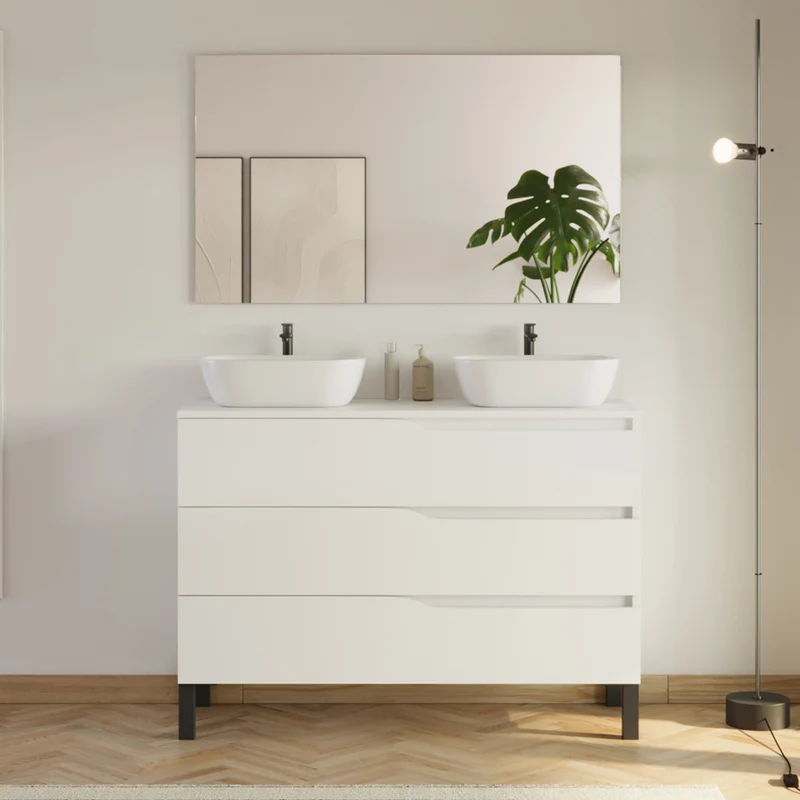 Meuble de salle de bain 120cm avec plateau et 2 vasques à poser Zeus - 3 tiroirs - MATA