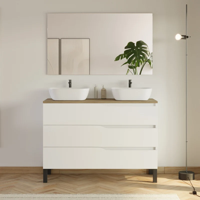 Meuble de salle de bain 120cm avec plateau et 2 vasques à poser Zeus - 3 tiroirs - MATA