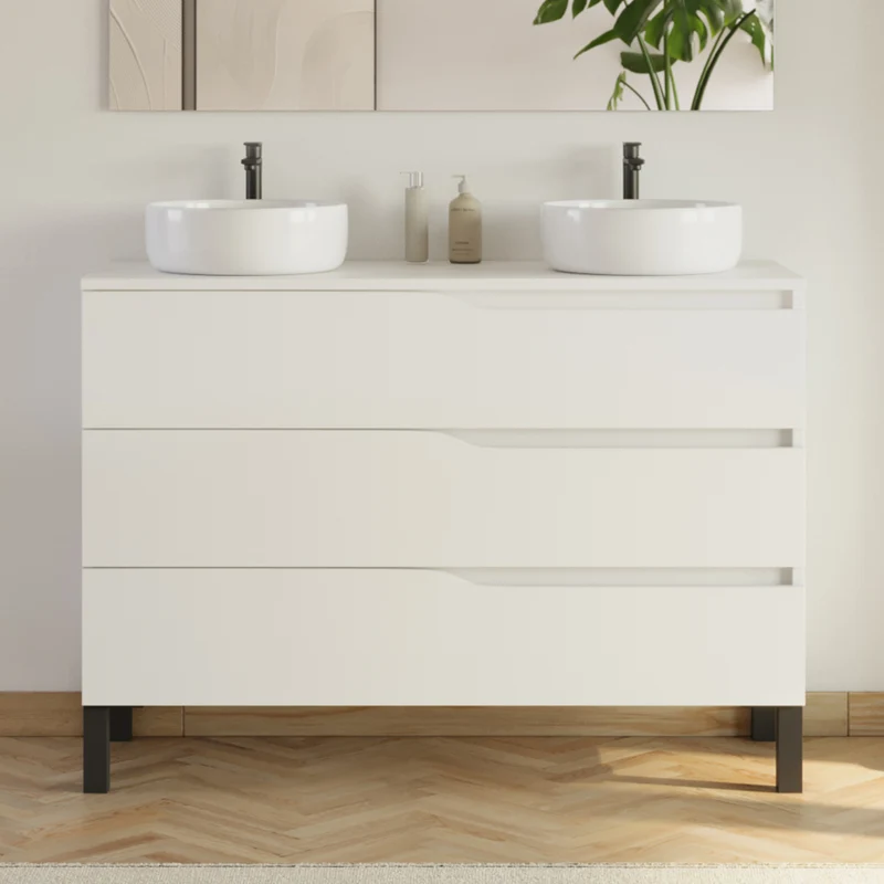 Meuble de salle de bain 120cm avec plateau et 2 vasques à poser Ares - 3 tiroirs - MATA