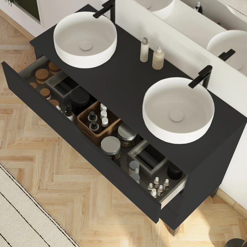 Meuble de salle de bain 120cm avec plateau et 2 vasques à poser Ares - 3 tiroirs - MATA