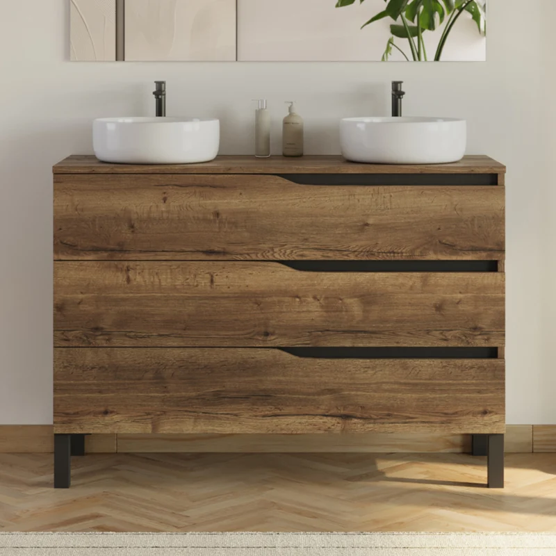 Meuble de salle de bain 120cm avec plateau et 2 vasques à poser Ares - 3 tiroirs - MATA