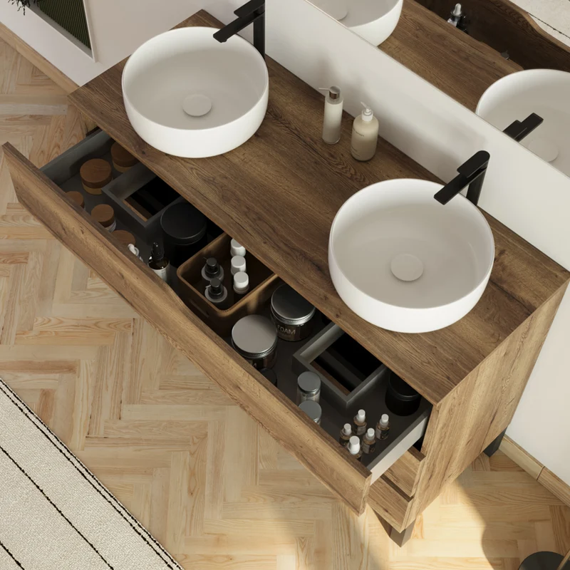 Meuble de salle de bain 120cm avec plateau et 2 vasques à poser Ares - 3 tiroirs - MATA