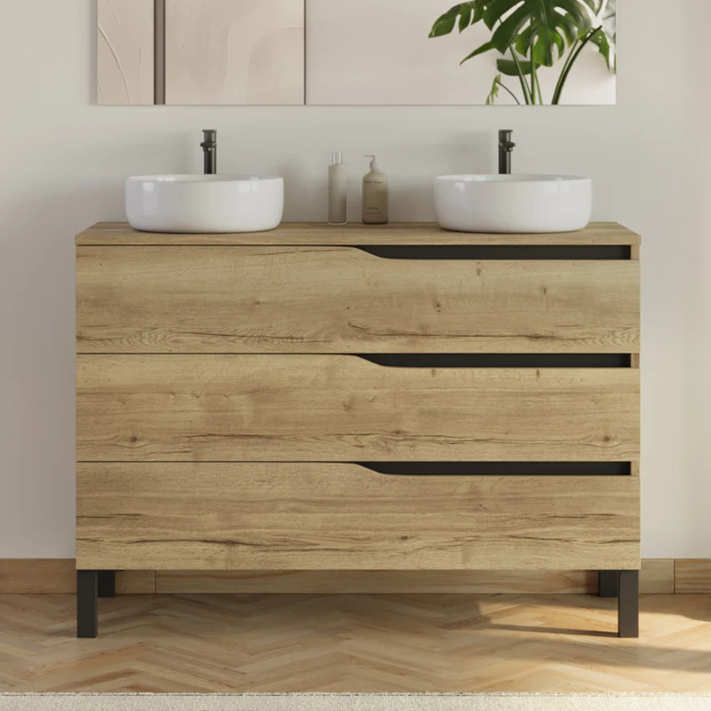 Meuble de salle de bain 120cm avec plateau et 2 vasques à poser Ares - 3 tiroirs - MATA