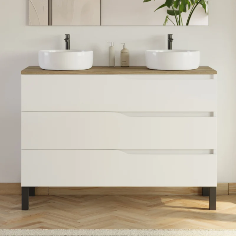 Meuble de salle de bain 120cm avec plateau et 2 vasques à poser Ares - 3 tiroirs - MATA