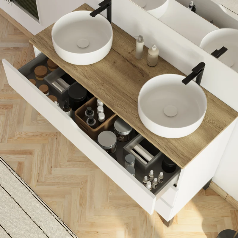 Meuble de salle de bain 120cm avec plateau et 2 vasques à poser Ares - 3 tiroirs - MATA