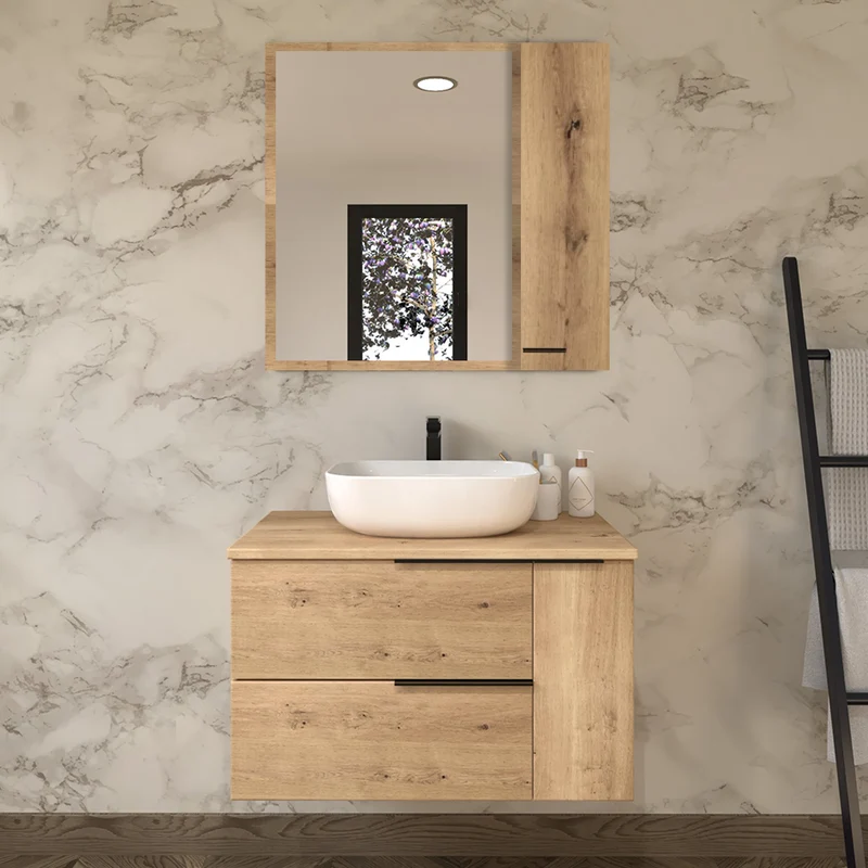 Meuble de salle de bain 80cm avec vasque à poser arrondie - 2 tiroirs et un placard et miroir armoirette - KING