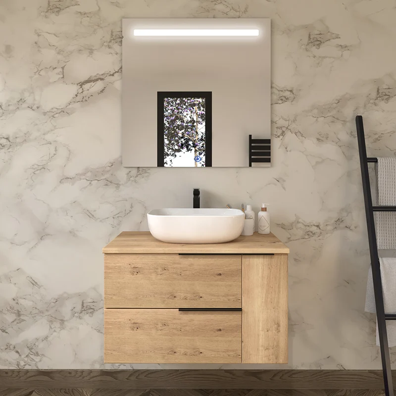 Meuble de salle de bain 80cm avec vasque à poser arrondie - 2 tiroirs et un placard et miroir Led STAM - KING
