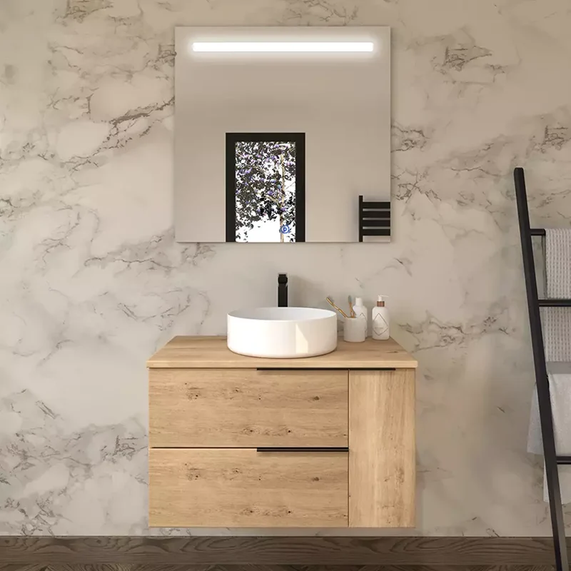 Meuble de salle de bain 80cm avec vasque à poser ronde - 2 tiroirs et un placard et miroir Led STAM - KING