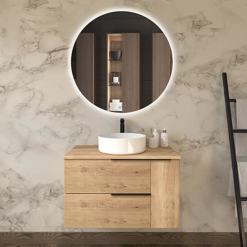 Meuble de salle de bain 80cm avec vasque à poser ronde - 2 tiroirs et un placard et miroir rond SOLEN - KING