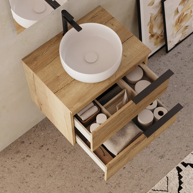 Meuble de salle de bain 60cm avec vasque à poser ronde - 2 tiroirs - KING