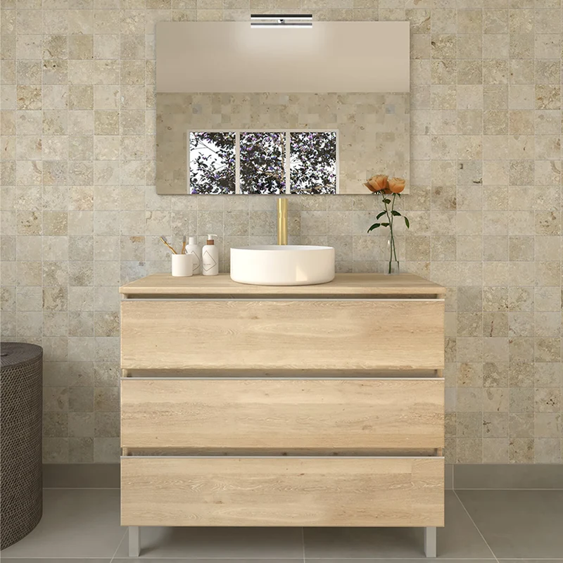 Meuble de salle de bain 80cm avec vasque à poser ronde - 3 tiroirs et miroir avec applique PALMA