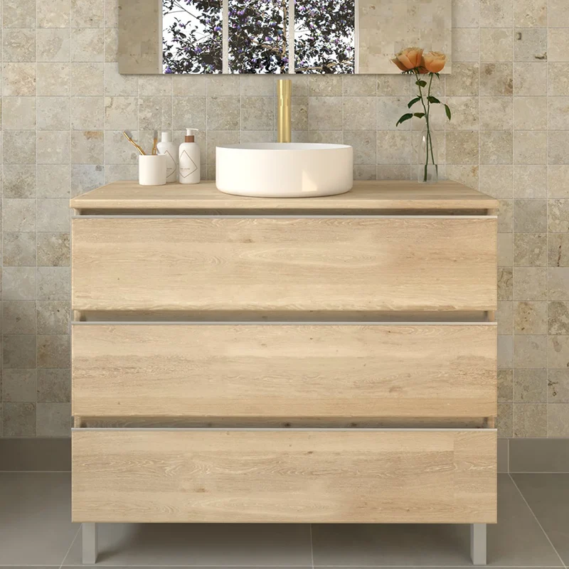 Meuble de salle de bain 70cm avec vasque à poser ronde - 3 tiroirs - sans miroir - PALMA