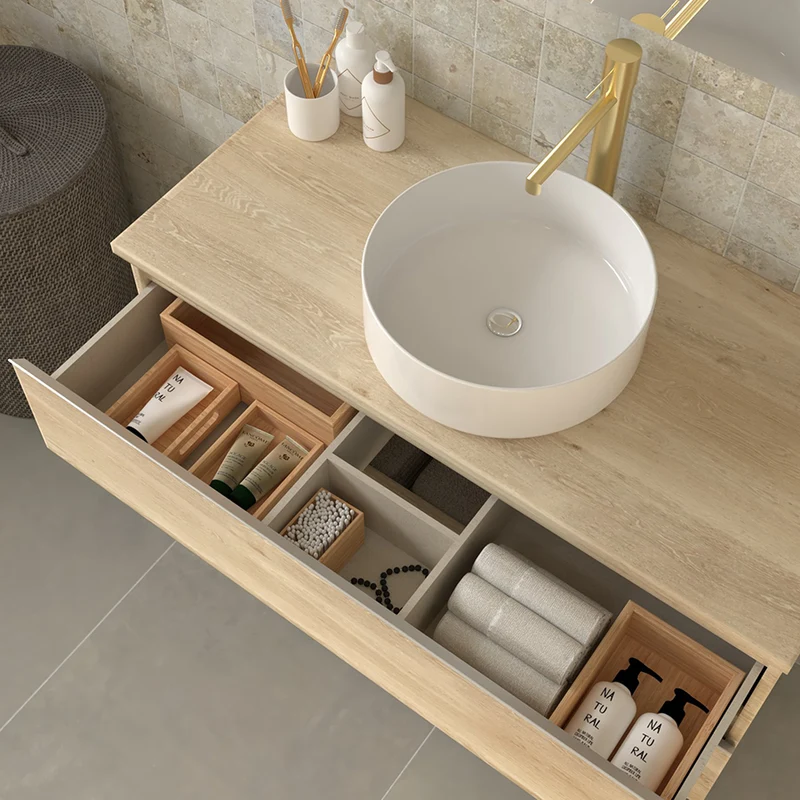 Meuble de salle de bain 70cm avec vasque à poser ronde - 3 tiroirs - sans miroir - PALMA