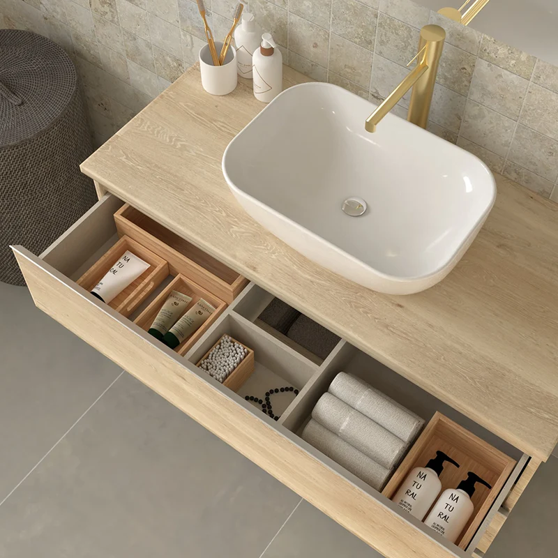 Meuble de salle de bain 80cm avec vasque à poser arrondie - 3 tiroirs - sans miroir - PALMA