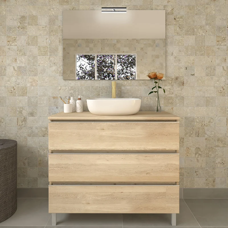 Meuble de salle de bain 70cm avec vasque à poser arrondie - 3 tiroirs et miroir avec applique PALMA