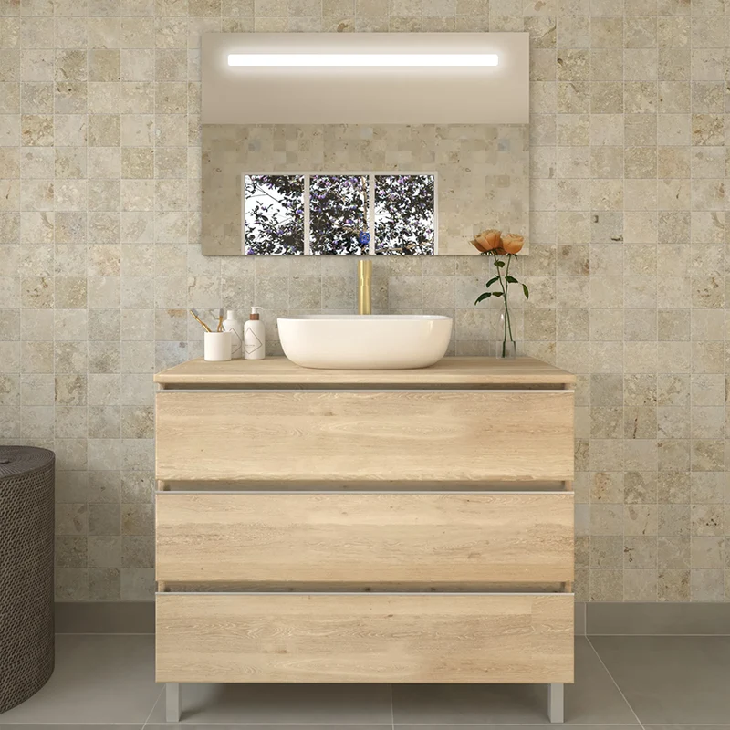 Meuble de salle de bain 70cm avec vasque à poser arrondie - 3 tiroirs PALMA et miroir Led STAM