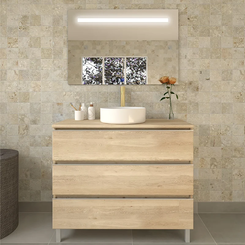 Meuble de salle de bain 70cm avec vasque à poser ronde - 3 tiroirs PALMA et miroir Led STAM