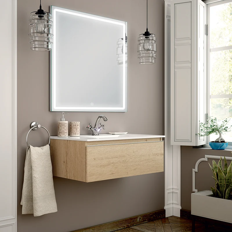Meuble de salle de bain 80cm simple vasque - 1 tiroir - PENA et miroir Led VELDI