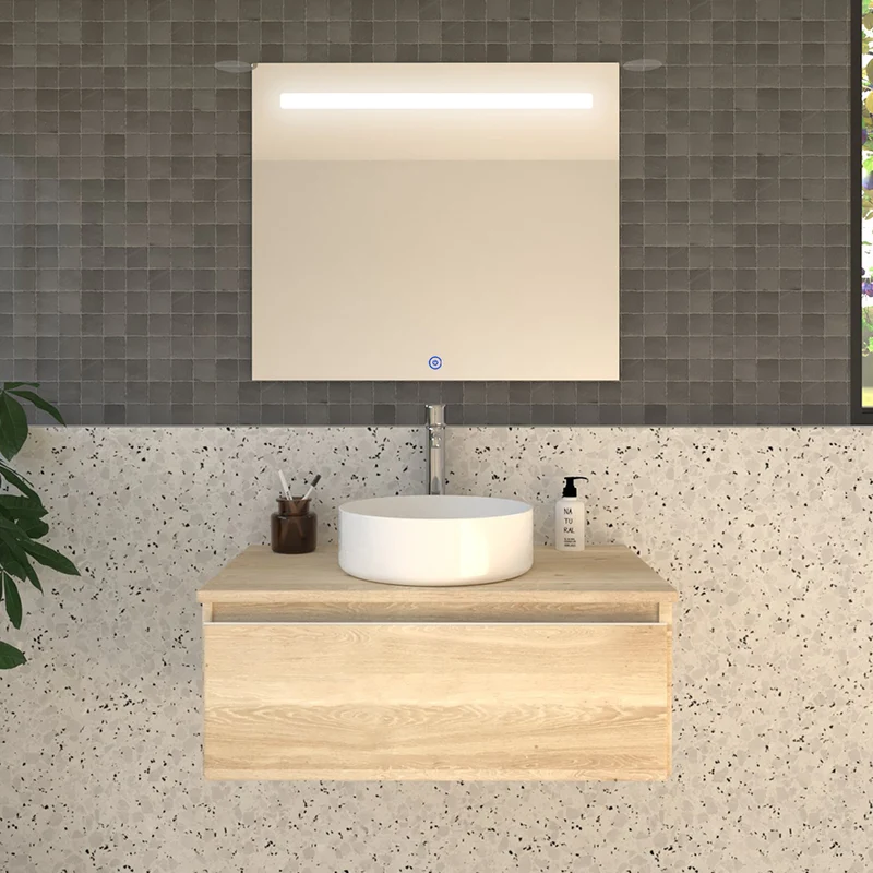 Meuble de salle de bain 80cm avec vasque à poser ronde - 1 tiroir - PENA et miroir Led STAM