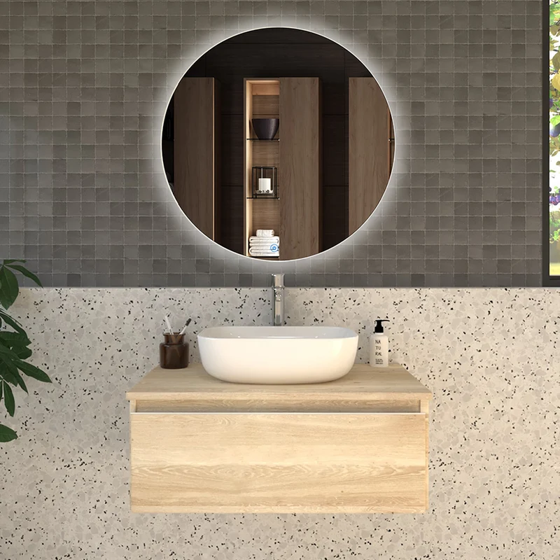 Meuble de salle de bain 80cm avec vasque à poser arrondie - 1 tiroir - PENA et miroir Led SOLEN