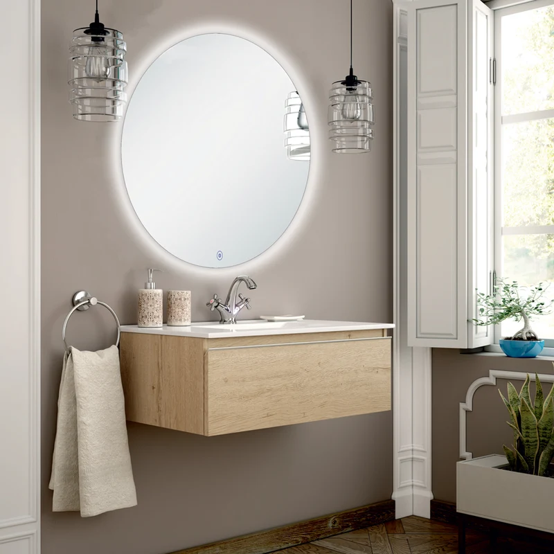 Meuble de salle de bain 80cm simple vasque - 1 tiroir - PENA et miroir rond Led SOLEN
