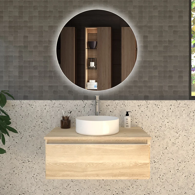 Meuble de salle de bain 80cm avec vasque à poser ronde - 1 tiroir - PENA et miroir Led SOLEN